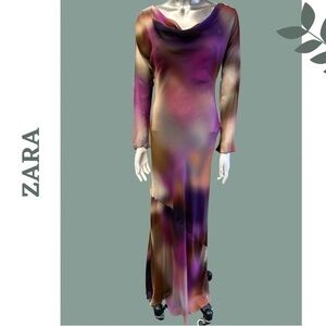 Zara Watercolor Floor Length Chiffon Evening Dress Backless Lined Size Large
